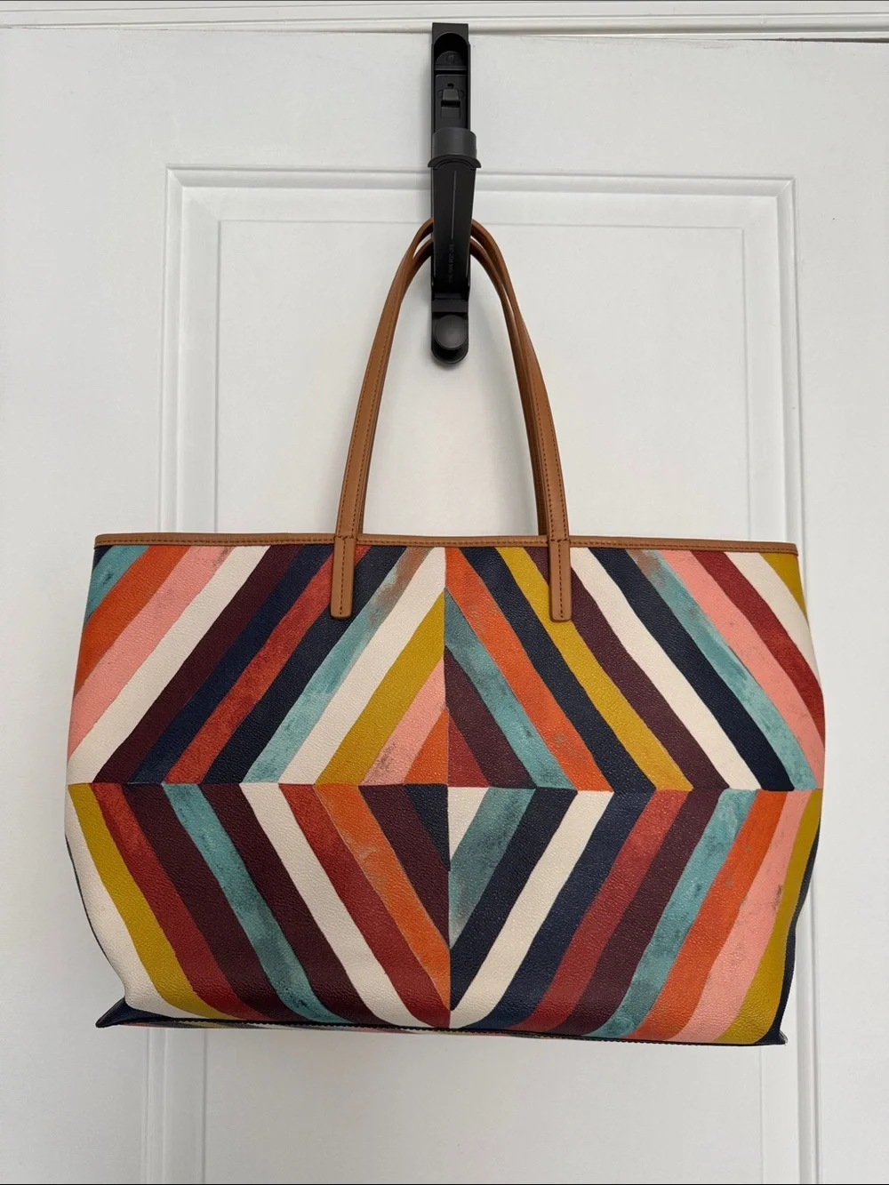 Tory Burch Multicolor Chevron Stripe Canvas Tote with Tan Leather Handles